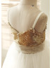 Thin Straps Gold Sequin Ivory Tulle Knee Length Flower Girl Dress With Tulle Sash